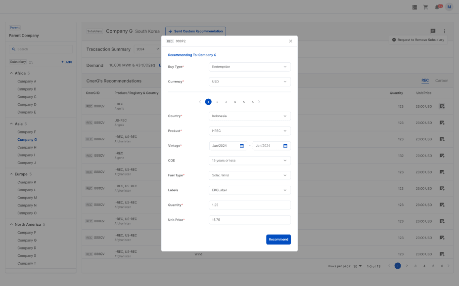 CnerG platform showing a custom recommendation form for selecting RECs, including product type, country, vintage, fuel type, and pricing details.