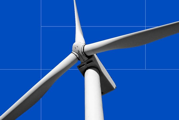 Close-up of a wind turbine, representing renewable energy tracking in the I-REC Registry system.