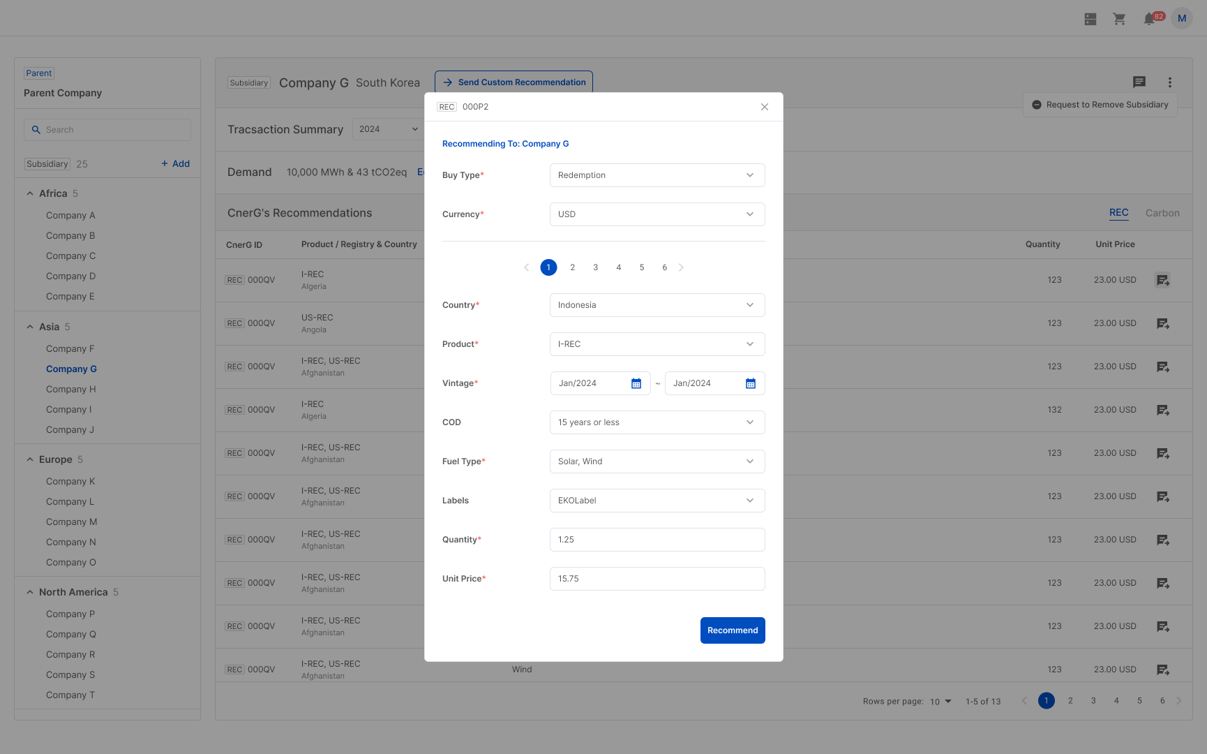 CnerG platform showing a custom recommendation form for selecting RECs, including product type, country, vintage, fuel type, and pricing details.