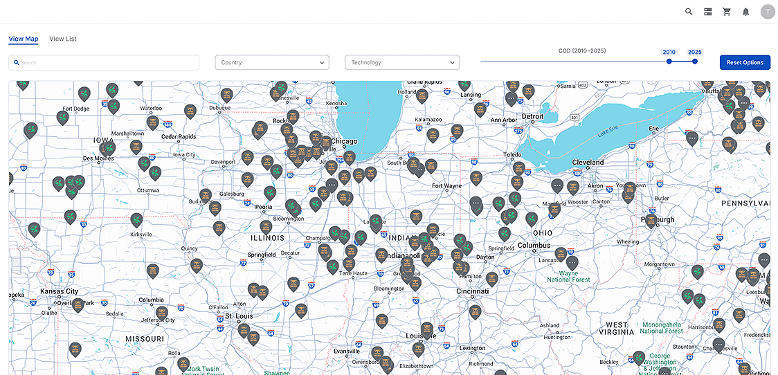 CnerG interactive Generation Facilities Map displaying renewable energy sites across the globe.