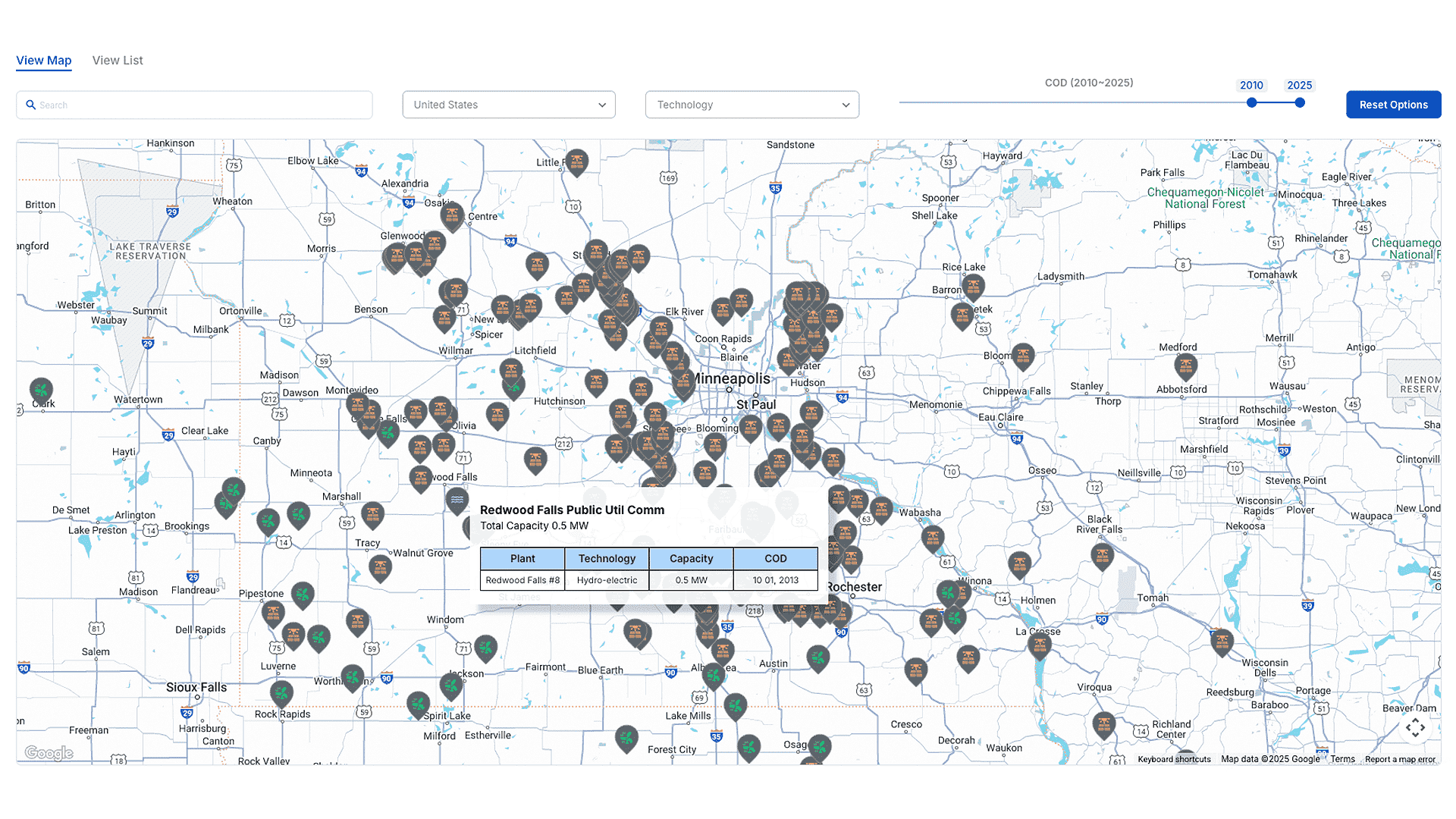 CnerG interactive Generation Facilities Map with filtering options displaying renewable energy sites worldwide.