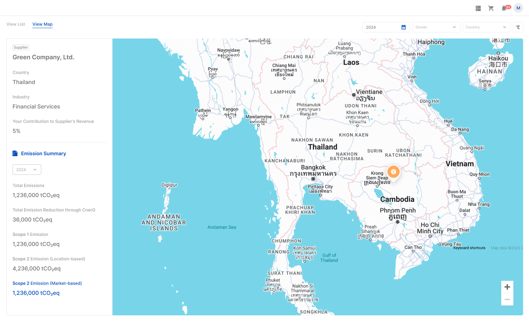 CnerG emissions summary dashboard with an interactive map displaying supplier locations.