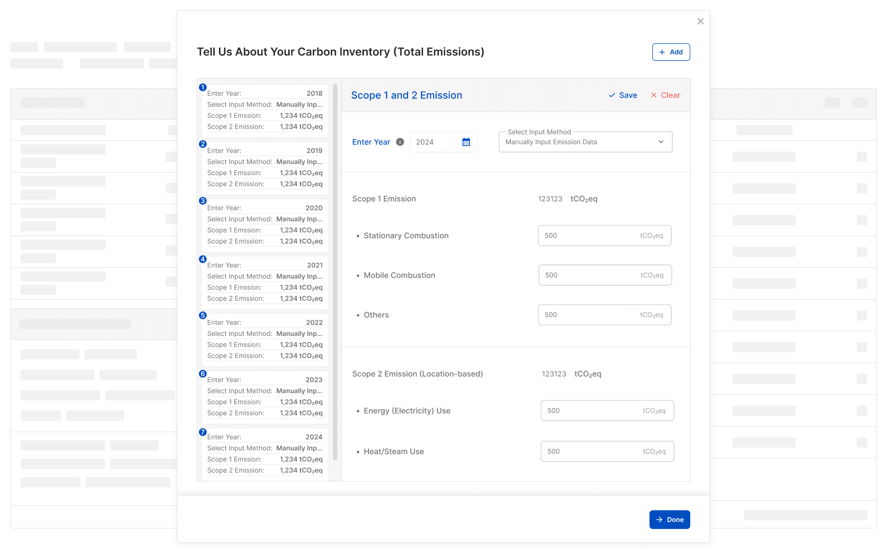 CnerG carbon accounting dashboard for entering Scope 1 and 2 emissions data.